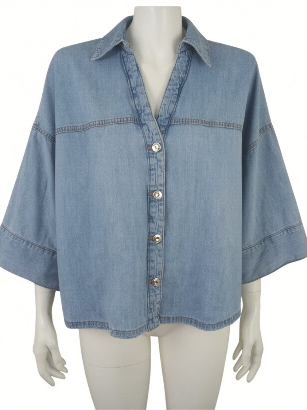 ZARA Wide Sleeve Denim Shirt Womens XL Button Front Light Wash Blue